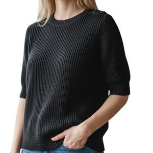 Talbots Ribbed Cotton Short sleeved Sweater Black Button accents Women’s M